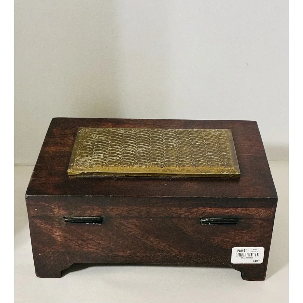 Pier One Wooden Hinged Keepsake Box Dark Wood Tone With Feet And Gold Accent NEW